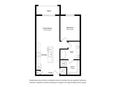Floor plan for 1 bed, 1 bath, 714 sqft